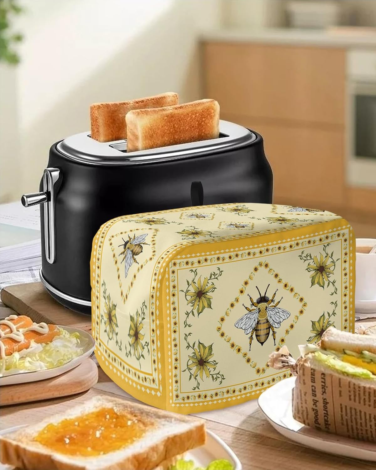 Summer Bee 4 Slice Toaster Cover, Large Kitchen Appliance Dust Protection with Rustic Sunflower Design