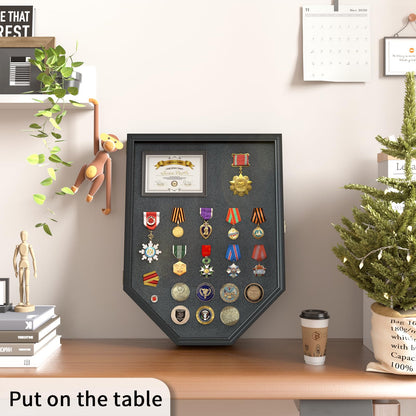REFGY Challenge Coin Display, Military Coin Holder Display, 11.8 x 15.7 Inch Large Medal Display Case & Pin Display Cabinet with Horn Lock, Shadow Box Display Case for Military Medals,Insignia Ribbons