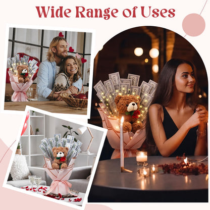 Mimorou DIY Money Bouquet Kit with Teddy Bear, Graduation 2026 Gift, Cash Flower Bouquet Wrapping Set for Birthday, Anniversary Present for Wife Grandma(Floral Bear,Pink Gold)