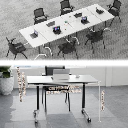 robwibw Folding Conference Room Table Modular Large Mobile Training Meeting Table Rolling Conference Tables with Wheels Seminar Tables for Office Training Classroom(6, Matte White, 63 INCH)