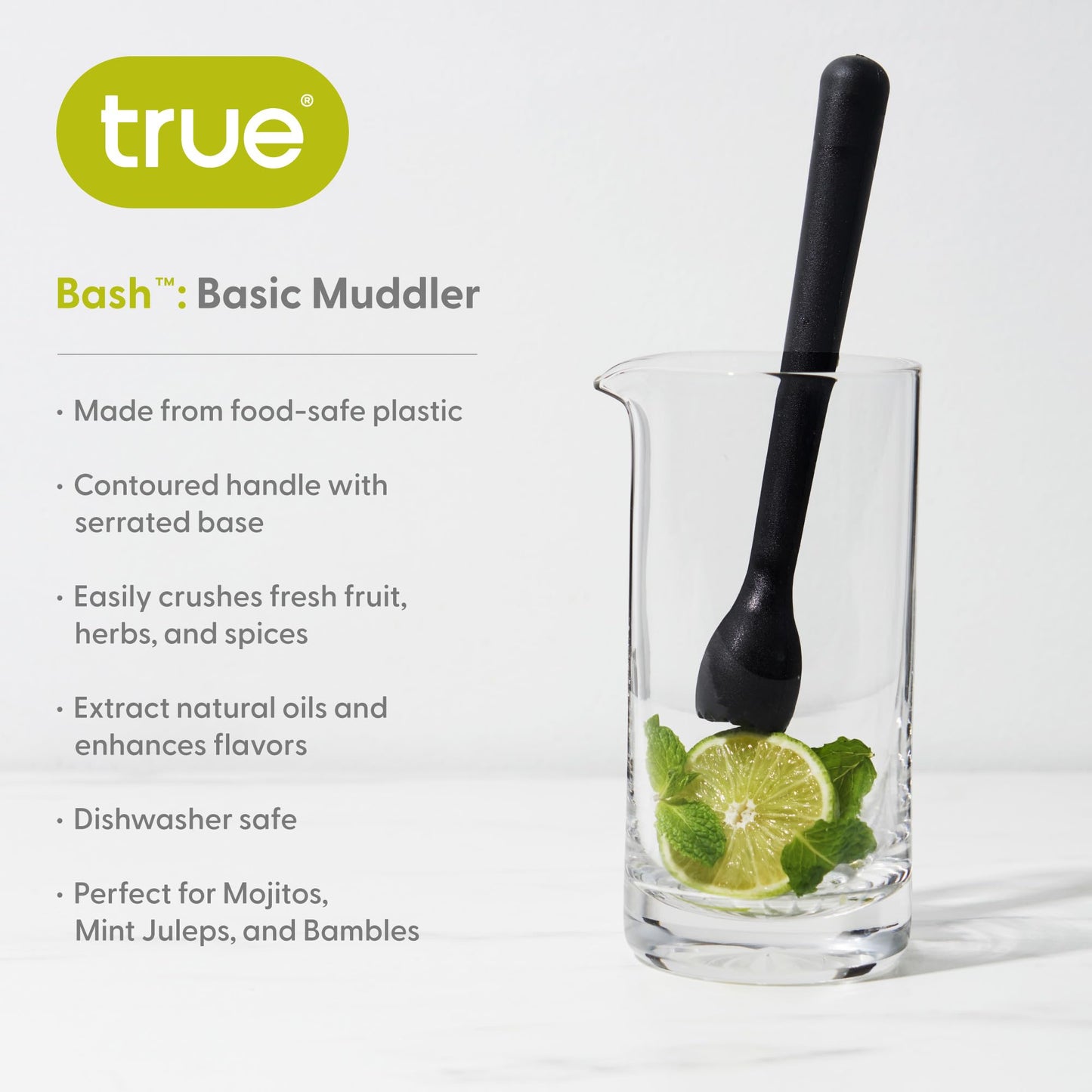True Bash Muddler for Cocktails, Fruits, Spices, Herbs, and Sugar Cubes Crusher, Home Bar Accessories, Bartender Tools, 8.25", Set of 1, Black