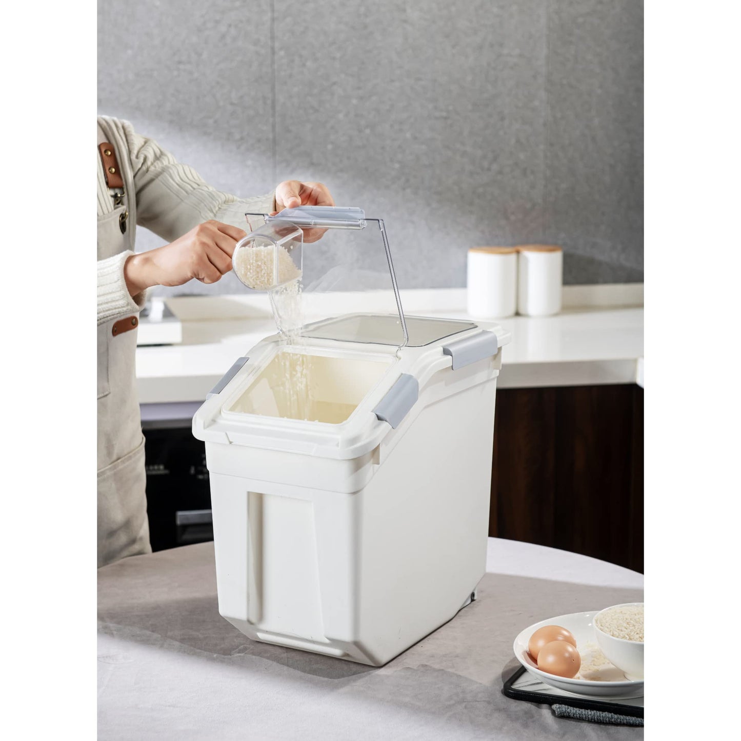 HANAMYA 33 Liter / 50 lbs Rice Storage Container with Measuring Cup, BPA free, For Rice | Grain | Pet Food | Flour, 2 count, White