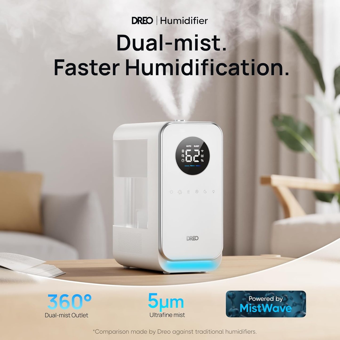 50 5L, DREO Humidifiers for Bedroom, Top-filled Smart Quiet Cool Mist Humidifier for Large Room, Hours Runtime