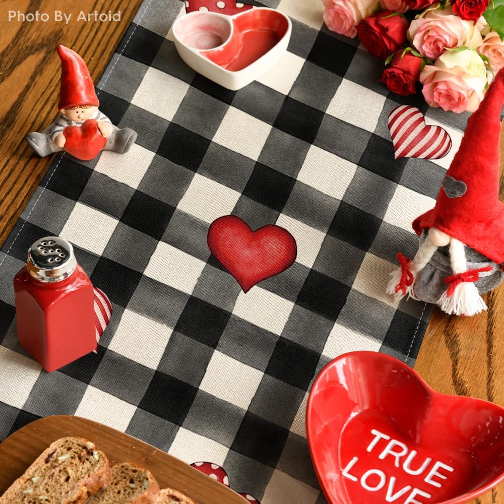 Artoid Mode Watercolor Buffalo Plaid Hearts Truck Love Valentine's Day Table Runner, 13 x 36 Inch Kitchen Dining Table