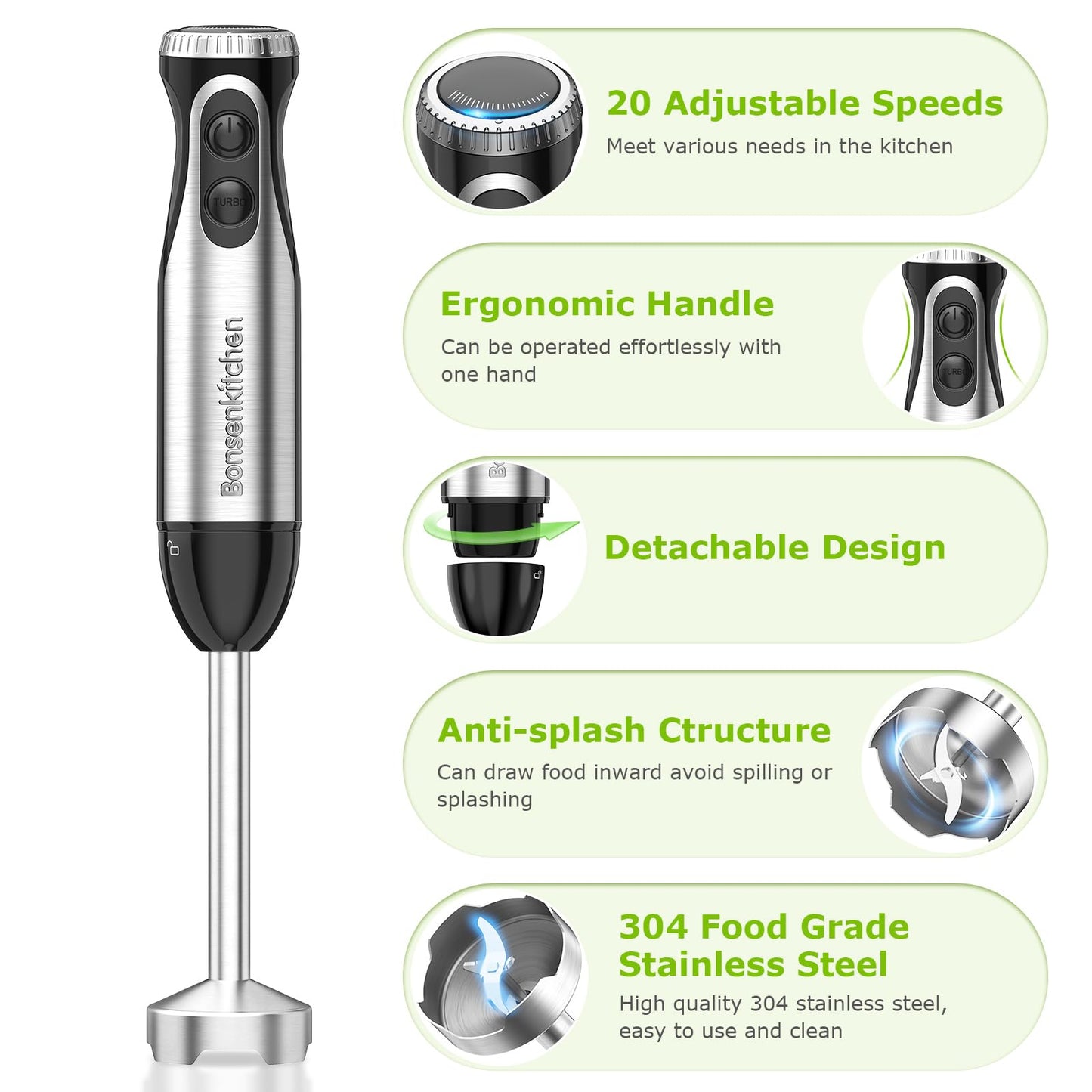 Bonsenkitchen Immersion Handheld Blender with Whisk, 20-Speed & Turbo Mode Hand Blender Stick 500W, 304 Stainless Steel Hand Blender for Soup, Smoothie, Puree, Baby Food