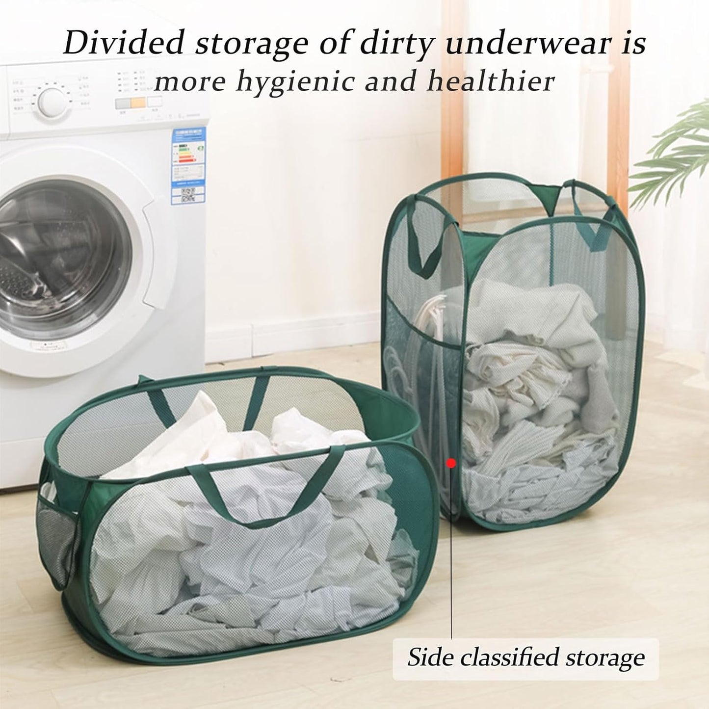 Collapsible Laundry Basket 2 Pack, Green Mesh Pop Up Hampers with Handles, Large Portable Travel Laundry Bag