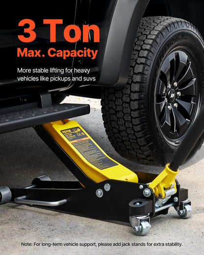 VEVOR 3 Ton Low Profile , Aluminum and Steel Racing Floor Jack with Dual Pistons Quick Lift Pump for Sport Utility Vehicle, Lifting Range 3-6/11"-19-11/16", yellow,black