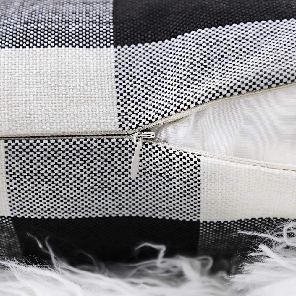 4TH Emotion Set of 2 Black and White Farmhouse Buffalo Check Plaid Throw Pillow Covers, 20 x 20 Inches, Polyester Linen