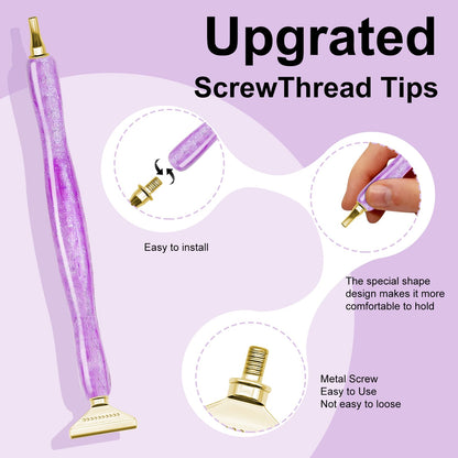 22PCS DIY Diamond Art Pen Painting Tool Set - Metal Threaded Tip Accessories Gem Resin Dotting Pen Supplies Kit (Purple Pen + 12 Tips + 9 Dotting Clay)