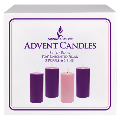 Mega Candles 4 pcs Unscented Christmas Advent Candles Set, Hand Poured Premium Wax Round Pillar Candle 3 Inch x 6 Inch, Holidays, Occasions, Events, Festivities, Devotional, Church, Wreath, Gifts