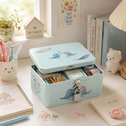 LOGOFUN Retro Style Rectangle Tinplate Storage Box with Padlock Two Birds Pattern Small Metal Keepsake Container Tin Case for Kids Girls Boys Gifts