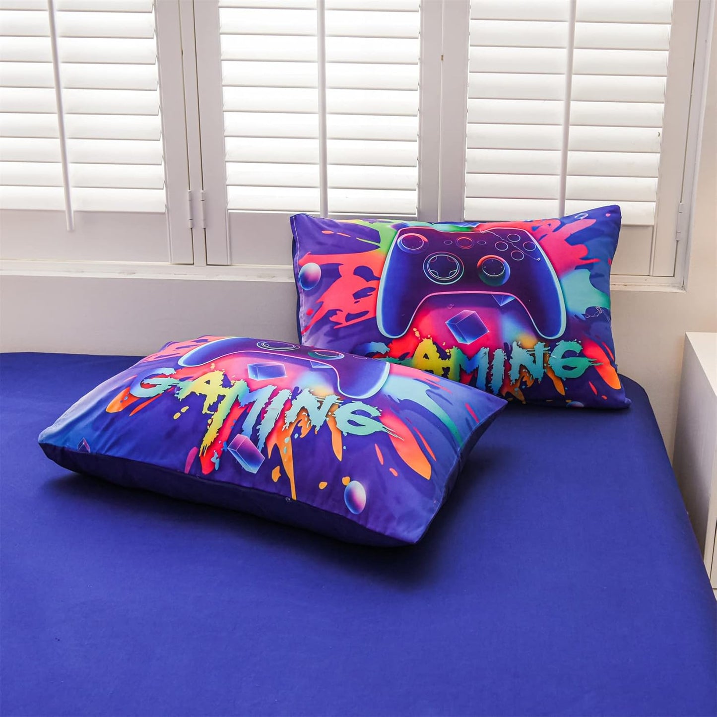 Aimuan Gaming Comforter Sets for Boys Kids Bedding Sets, Video Games Console Action Buttons, Twin 6 Pcs, Purple