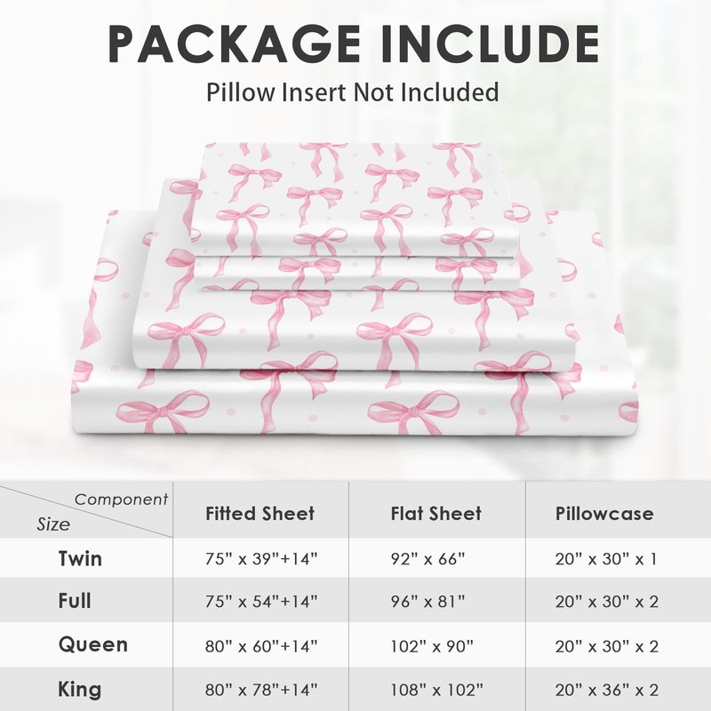 Zzzboro 4 Pcs Fitted Sheet Set Queen Size, Cute Coquette Pink Bow Bowknot, Bed Decor Sweet Themed Elegant Girly Baby Bedroom Sets Pillowcase Bedsheet Bedding Flat Sheet for Kids and Adults