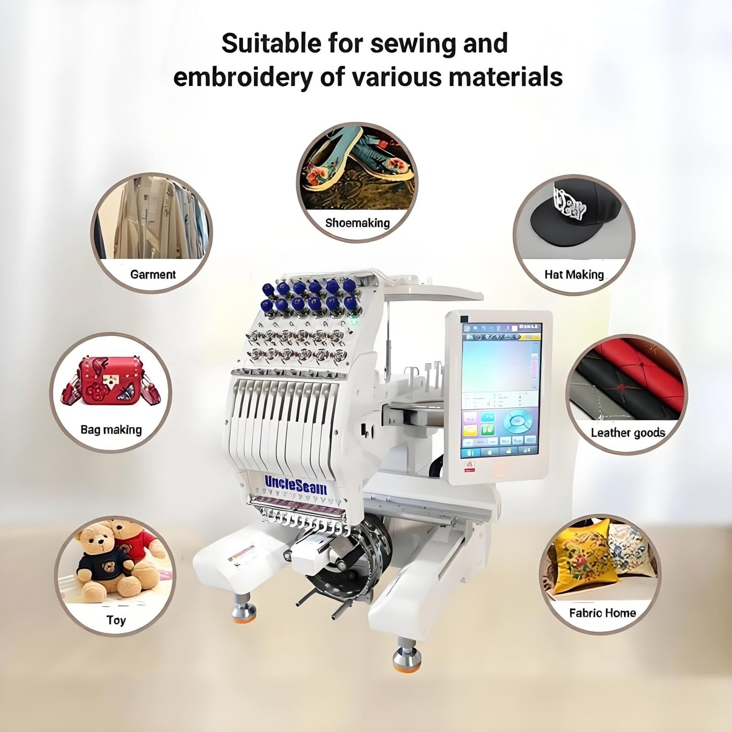UncleSeam 15-Needle Commercial Embroidery Machine, 12"x 8" Embroidery Area, Easy to Use for Flat Embroidery, Hats, T-Shirts, Auto Color Change & Trim, Supports WiFi/USB Transfer (15-Needle with Stand)