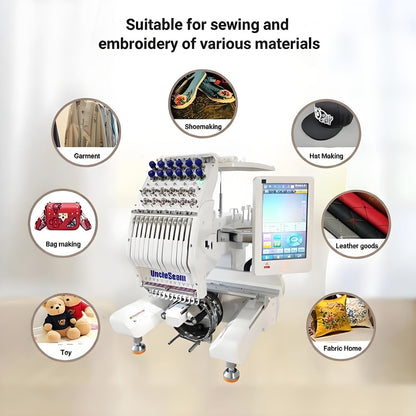 UncleSeam 15-Needle Commercial Embroidery Machine, 12"x 8" Embroidery Area, Easy to Use for Flat Embroidery, Hats, T-Shirts, Auto Color Change & Trim, Supports WiFi/USB Transfer (15-Needle with Stand)