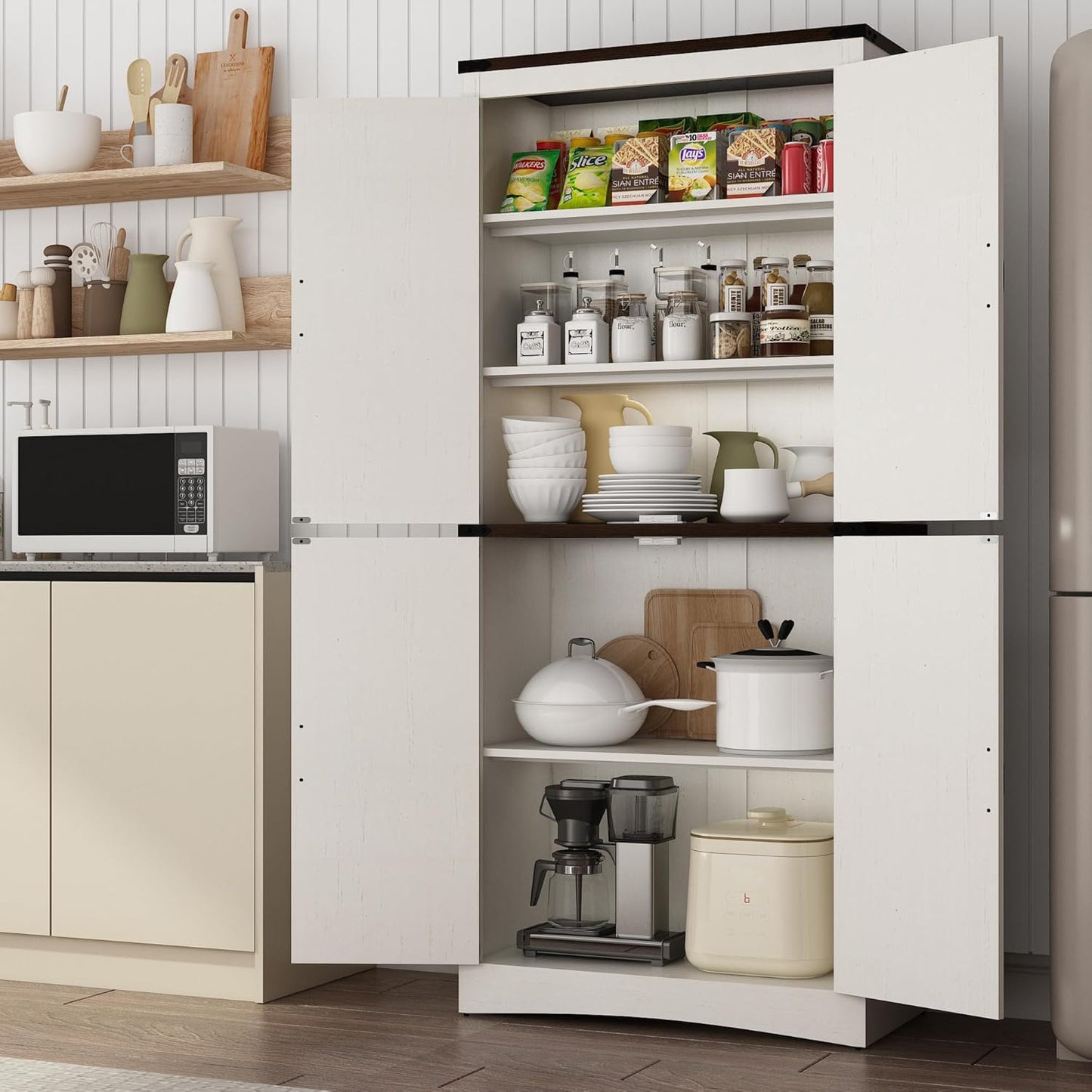 chartustriable 71in Farmhouse Kitchen Pantry Cabinet,Tall Storage Cabinet with 4 Doors and Adjustable shelves,with Load-Bearing Steel Pipe,Wood Storage Cabinets for Kitchen,Dining Room,Bathroom(White)