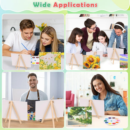 10Pack 8x10 Inch Canvas and Easel Set, Art Canvas Bulk with Easel Stands, 12 Colors Mini Acrylic Paint Set, Small Paint Brushes, Paint Trays, Sip and Paint Kit for Adults Couples Paint Party Supplies