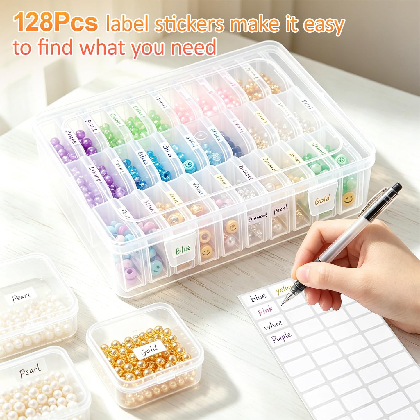 124Pcs Bead Storage Containers,Clear Plastic Bead Organizer Boxes with 128 Stickers for Diamond Painting Accessories Seed Jewelry Charms DIY Craft(4 Large Boxes and 120 Small Boxes)