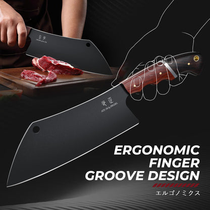 DRGSKL Meat Cleaver Knife 8inch - Black Butcher Knife for Meat Cutting, Japanese High Carbon Steel Vegetable Cleaver for Chopping, Kitchen Cooking Knife with Wooden Handle, Gift for Men