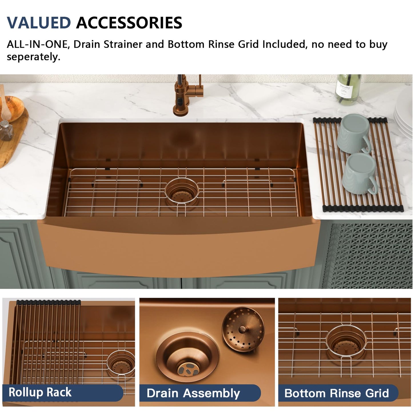 Lordear 36 inch Farmhouse Kitchen Sink Undermount Sink Matte Bronze 16 Gauge Stainless Steel Deep Single Bowl Burshed Rose Gold Farm Sink With Accessories