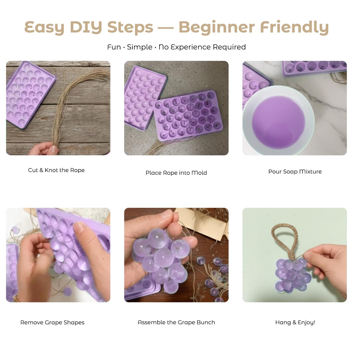 DIY Grape Soap Making Craft Kit for Beginners & Adults, Includes 2 Silicone Molds, 65 FT Jute Twine, 1 Tweezers, 1 Gift Box, Handmade Home Decor Ready for Gifting (Without Soap)