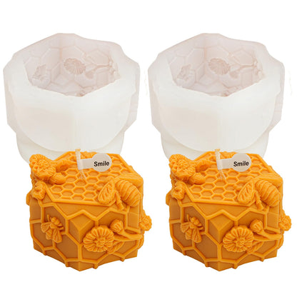 2PCS-3D Honeycomb Pillar Candle Silicone Mold DIY Embossed Bee and Flower Bee Cylinder Aromatherapy Candle Plaster Molds Handmade Home Decor Gift(Honeycomb Mold-11)
