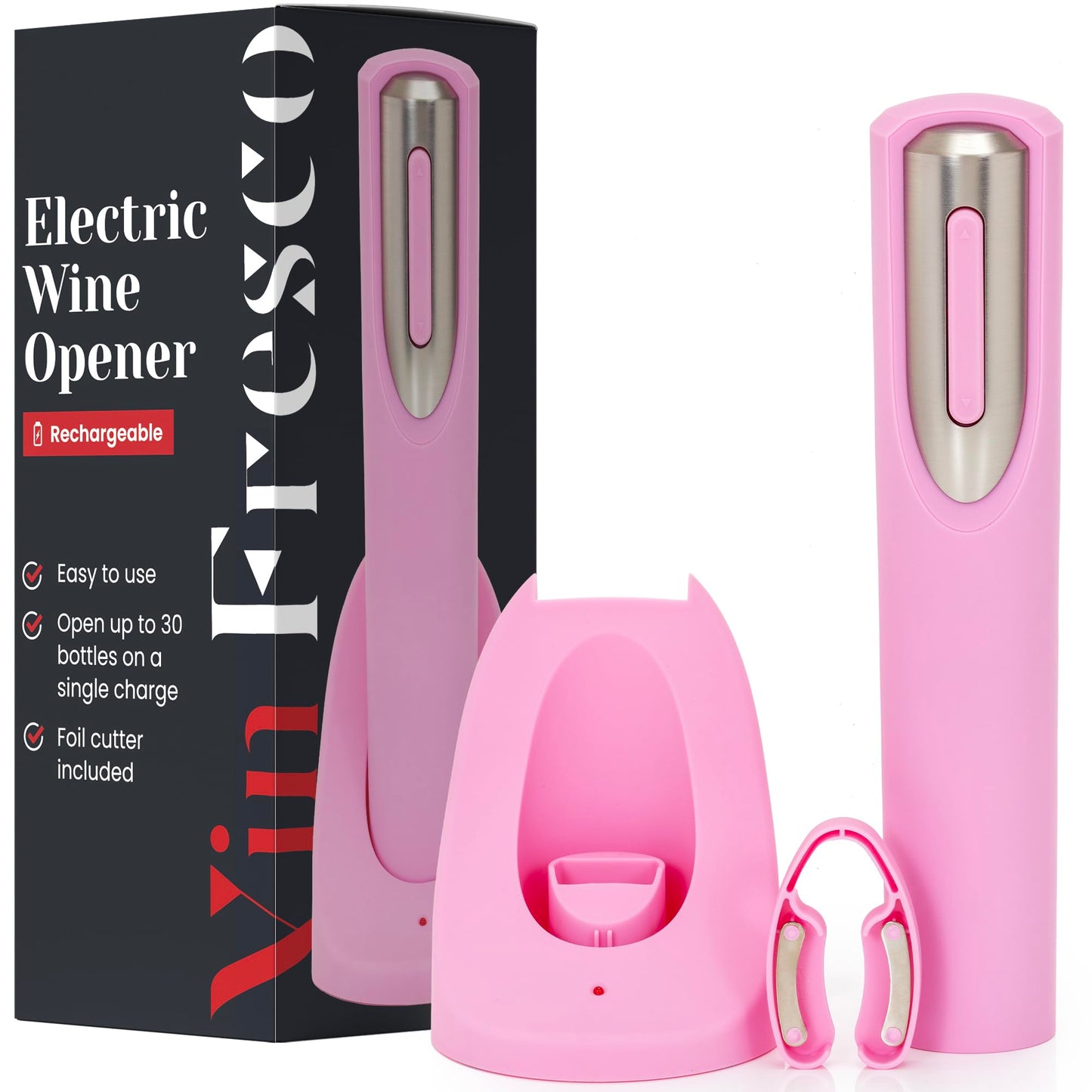 Rechargeable Electric Wine Bottle Opener - Charging Base and Foil Cutter Included with Automatic Wine Opener - Electric Corkscrew for Easy Cork Removal - Best Gift for Wine Lover (Pink & Silver)