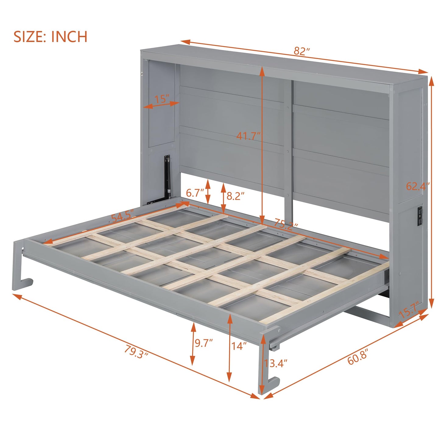 Ball & Cast Full Size Wall Cabinets Murphy Bed with Charging Station and Slat Support,Wood Hideaway Cabinet Platform Beds w/Leg & Lock,can be Folded,Space-Saving,for Small Room,Dorms,Gray