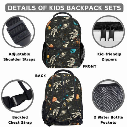 Jollitot Space Backpack for Boys with Insulated Lunch Box Pencil Case (3 Set), 17 Inch Large Lightweight School Bookbag for Elementary Middle School Kids, Waterproof Astronaut Travel Daypack (Black)