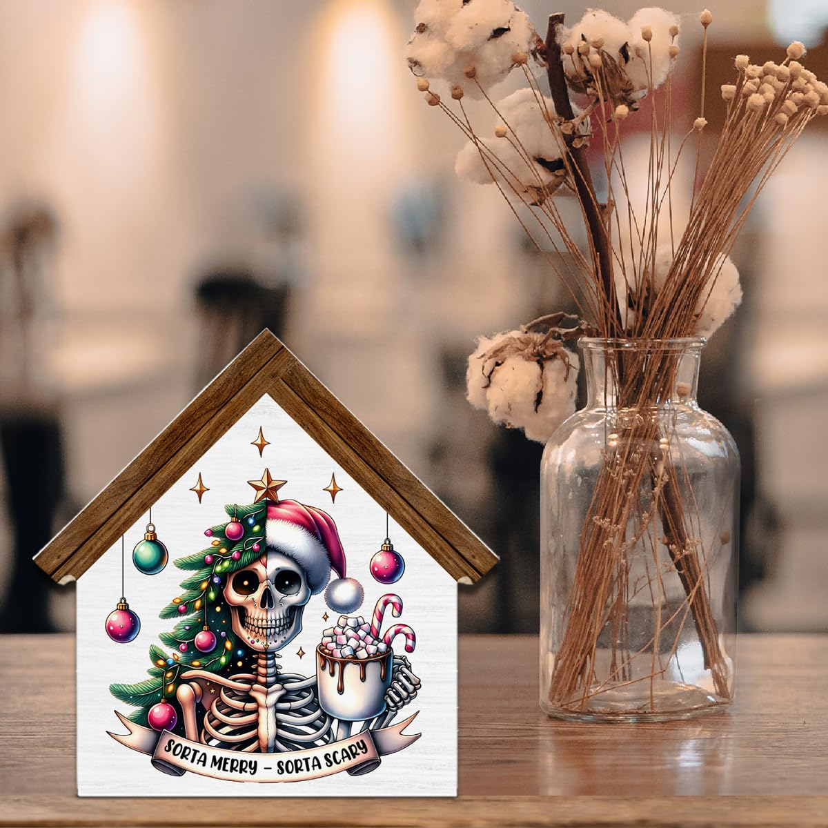 Gothic Christmas Skeleton Decor, Sorta Merry Sorta Scary House Shaped Wood Sign, Goth Spooky Christmas Decorations