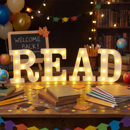 Wettal 4 Pcs Read LED Letter Lights Classroom Reading Corner Decor Read Light up Signs Marquee Light Letters Library Signs Preschool Elementary Reading Classroom Decorations for Wall Shelf Table