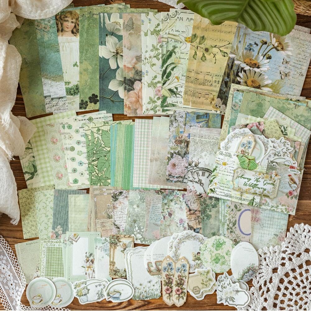 Diuhofart 400Pcs Vintage Scrapbook Supplies Kit, Scrapbook Paper and Journaling Stickers Set, 4Pack Scrap Booking Kit for Junk Journals, Bujo, Collage, Card Making, DIY Crafts Arts
