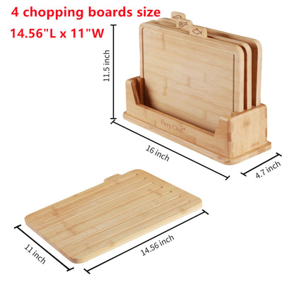 Fiery Chef 14.56"L x 11"W Bamboo Cutting Board Set of 4 - Wood Cutting Board Set with Holder, Chopping Boards Set with Food Icons, Juice Groove - Ideal for Meat, Fish, Bread, Vegetable, Fruit Chopping