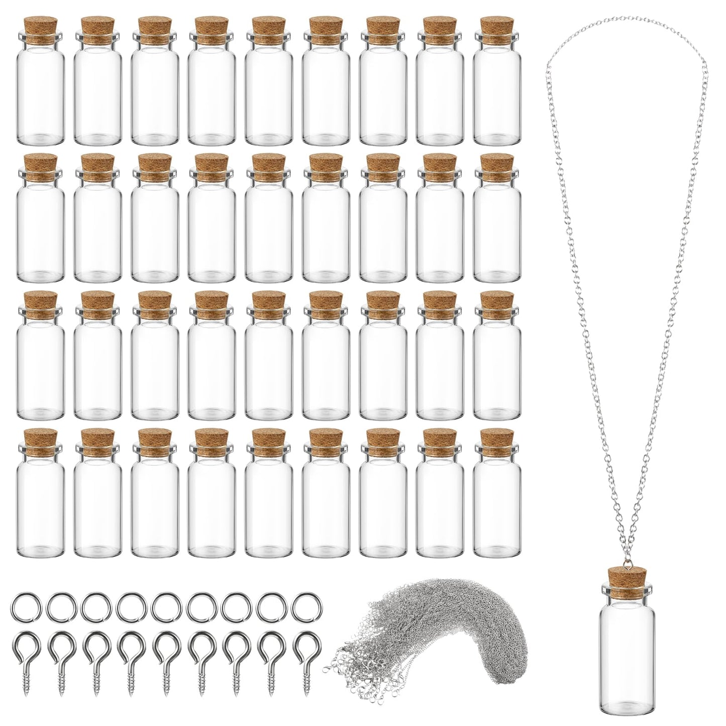 Sawysine 50 Pcs 10 ml Mini Glass Bottles Jars with Cork Mini Potion Bottles 50 Pcs Link Necklace Chain with Lobster Clasps Jewelry Chain 100 Pcs Eye Screws 100 Rings for Bead DIY Crafts Pendant Making