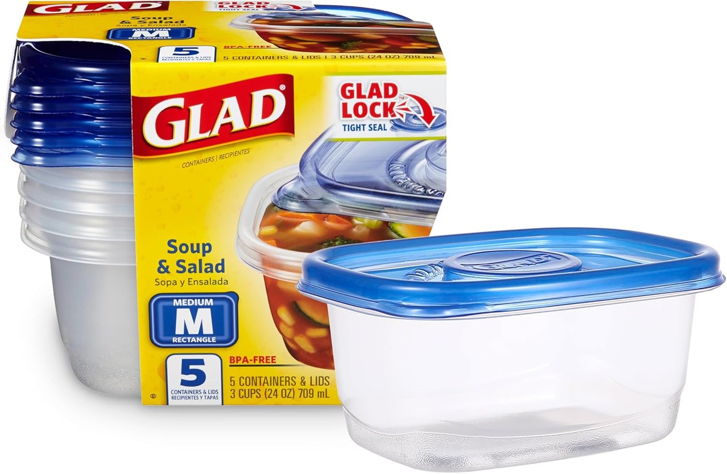 GladWare Soup & Salad Storage, Medium Rectangle, 24 Oz, 5 Count