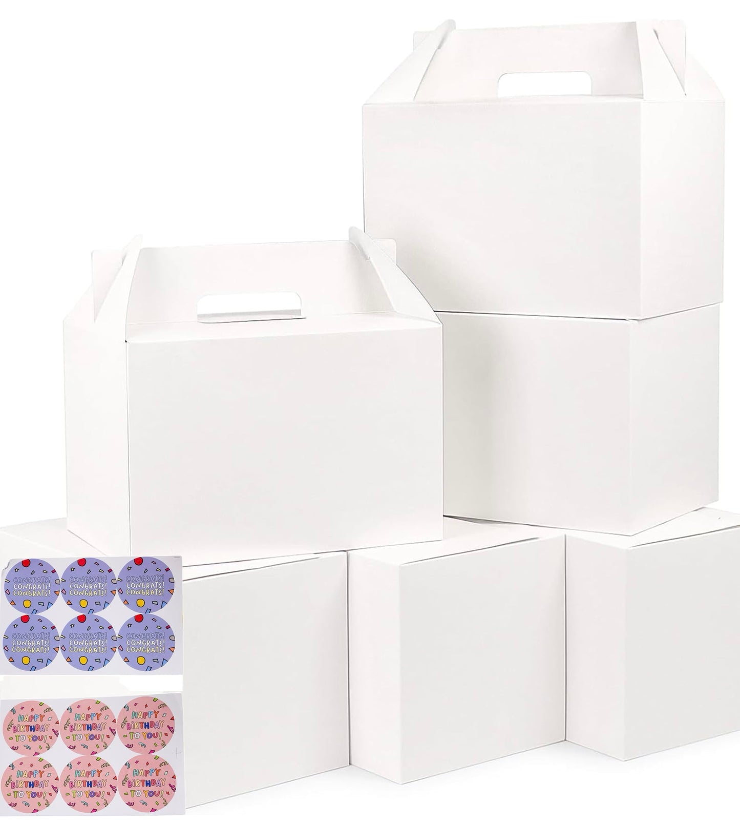 Treelement 24 Pack White Gable Boxes with Handle and Stickers,6×3.5×3.5 Inch Goodie Treat Boxes for Cookie, Party Favors,Birthday,Graduation,Lunch,Holiday Gifting