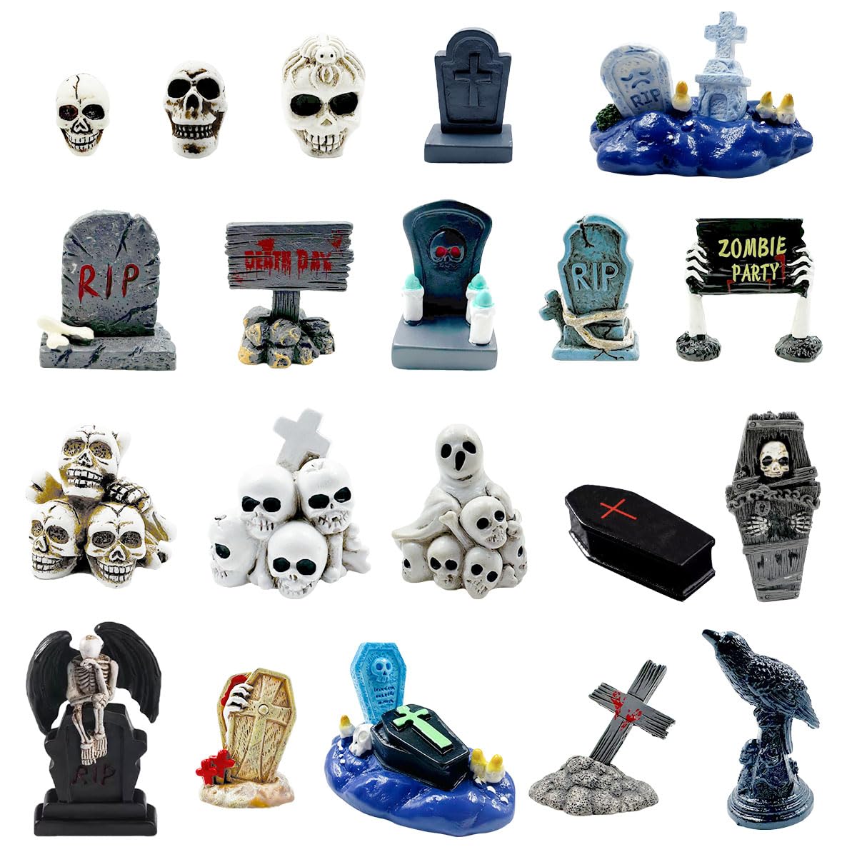 Suartus Halloween Miniature Figurines - 20 Resin Ghost Tombstones Skull Heads Scene Ornaments Halloween Garden Accessories Mini Figurine Decorations for Outdoor Home Village Crafts