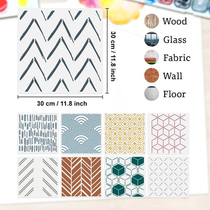 9Pcs Modern Geometric Wall Stencil Templates 11.8 x 11.8 Inch Reusable Plastic Simple Style Stencils for Painting on Wood Wall Floor Tile Fabric Glass Furniture, DIY Home Decor or Craft Stencil