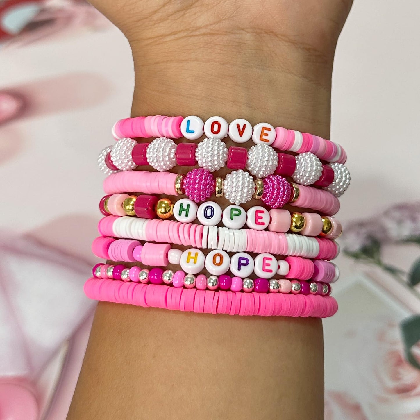Pink Breast Cancer Awareness DIY Craft Clay Beads Kit - Pink Awareness Party Assorted Beads and Alphabet - Love Hope Peace Inspirational Bead Art DIY Craft Set, 1 Box