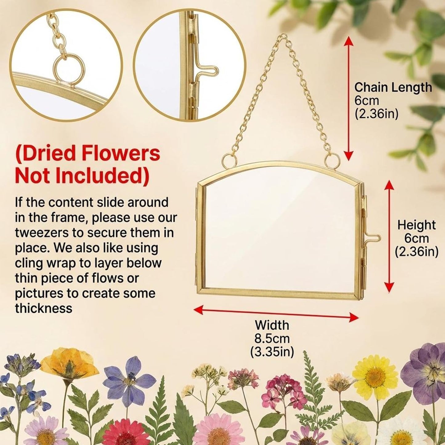 FOCHIER 4 Pcs Double Glass Frame for Pressed Flowers Floating Hanging Photo Frame 3x2 in Brass Clear Pressed Flower Decor with Chain for Display Gallery Artwork, Horizontal Vertical, Gold