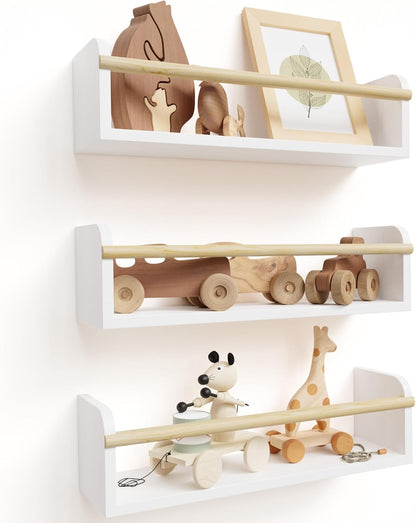 Set 3 Decorative Nursery Bookshelves for Kids - of Easy to Install Floating Shelves for Wall Mount - Beautiful Hanging