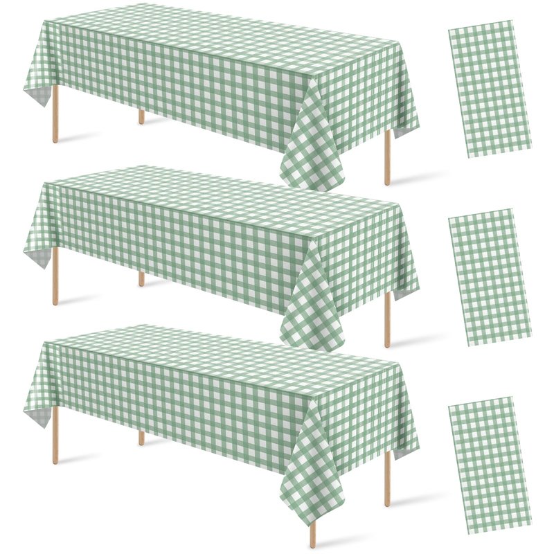 3Pcs Sage Green Gingham Birthday Party Tablecloth Decorations,Green White Checkered Plastic Table Cover Disposable Rectangle Plaid Table Cloth for Baby Shower Kids Wedding Party Supplies,54x108 Inch
