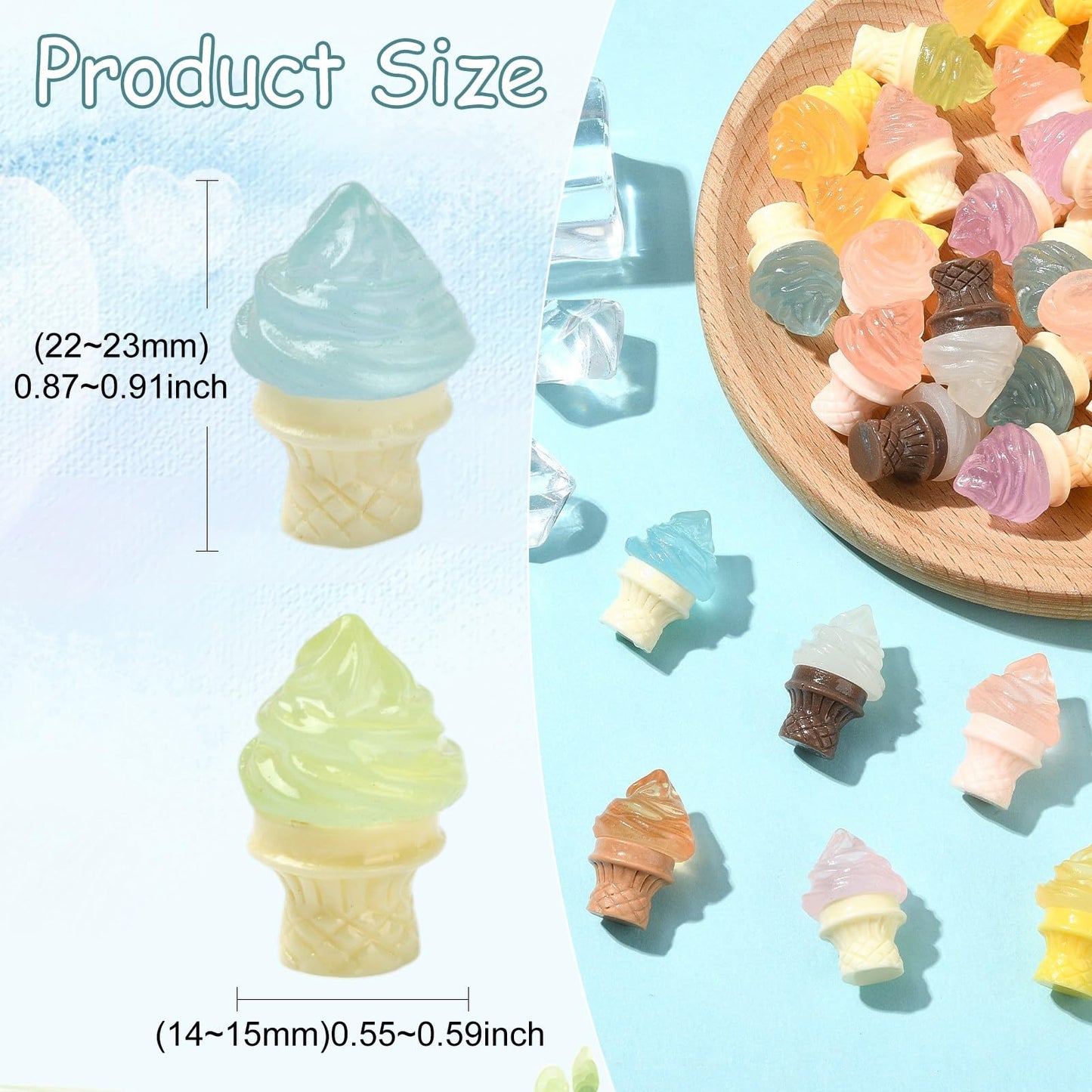 Stiesy 100pcs Luminous Resin Ice Cream Figurines Food Miniature Summer Display Ornaments Bulk Glow in the Dark for Micro Landscape Accessories Pretending Prop Decorations