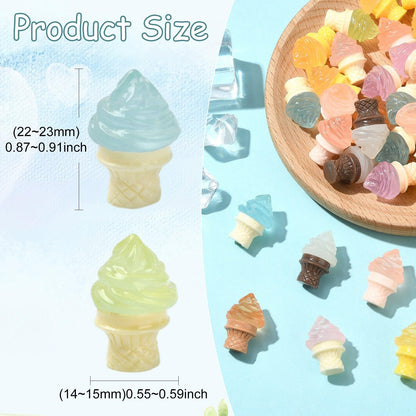 Stiesy 100pcs Luminous Resin Ice Cream Figurines Food Miniature Summer Display Ornaments Bulk Glow in the Dark for Micro Landscape Accessories Pretending Prop Decorations