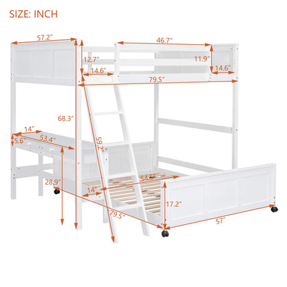 Full Over Full Bunk Beds with Desk, Wood Full Loft Bed Frame with Desk and A Stand-Alone Bed, L-Shaped Bunk Bed for Kids, Teens, Adults (Bottom Bed Can Be Moved, White)