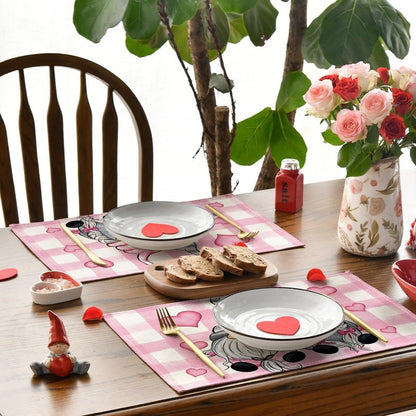 Artoid Mode Pink Buffalo Plaid Hearts Gnomes Valentine Placemats Set of 4, 12x18 Inch Seasonal Anniversary Holiday Table Mats for Party Kitchen Dining Decoration