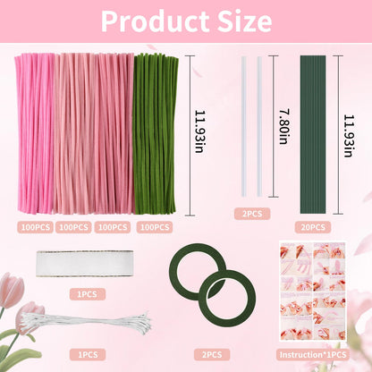 400PCS Pipe Cleaners Craft Kit, DIY Flower Making Supplies with Chenille Stems, Floral Wires, Glue Sticks, Gardening Tape, Stamen & Ribbon, Creative Handmade Mothers Day Gift, Art and Craft Supplies