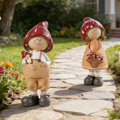 Brizoria 2-Piece Mushroom Decor Fairy Garden Accessories Outdoor Resin Cute Boy and Girl Figurines Whimsical Garden Statues Miniature Fairy Garden Supplies for Patio Yard Lawn Home