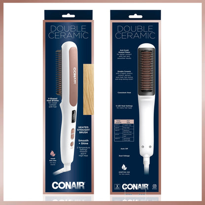 Conair Double Ceramic Straightening Brush, Heated Straightening Brush for Smooth Shiny Hair, V-Shaped Heat Bristles for Closer Contact