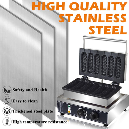 Commercial Corn Dog Waffle Maker,1600W Lolly Stick Waffle Maker,6 Slice Non-Stick,Stainless Steel Corn Hot Dog Waffle Iron with Temp and Time Control, for Restaurant Bakery Snack Bar Family.